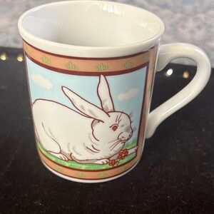 Vintage Made In Japan White Bunny Ceramic Mug with Pastel Spring Scene